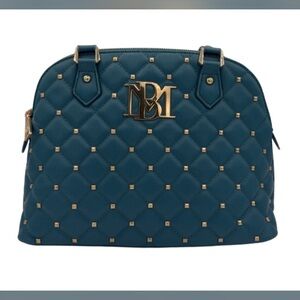 Badgley Mischka Blue Teal Quilted Shoulder Bag with Gold Details